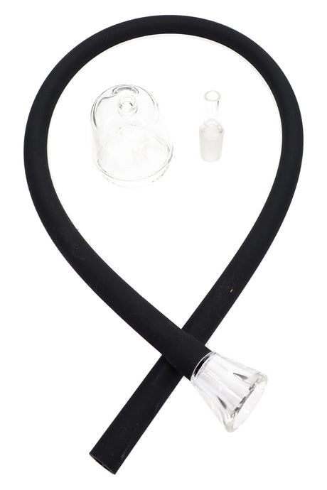 Complete MJ Arsenal Bridge kit for Puffco Peak with silicone hose, tapered glass tip, adapter, and glass top laid out on white background.