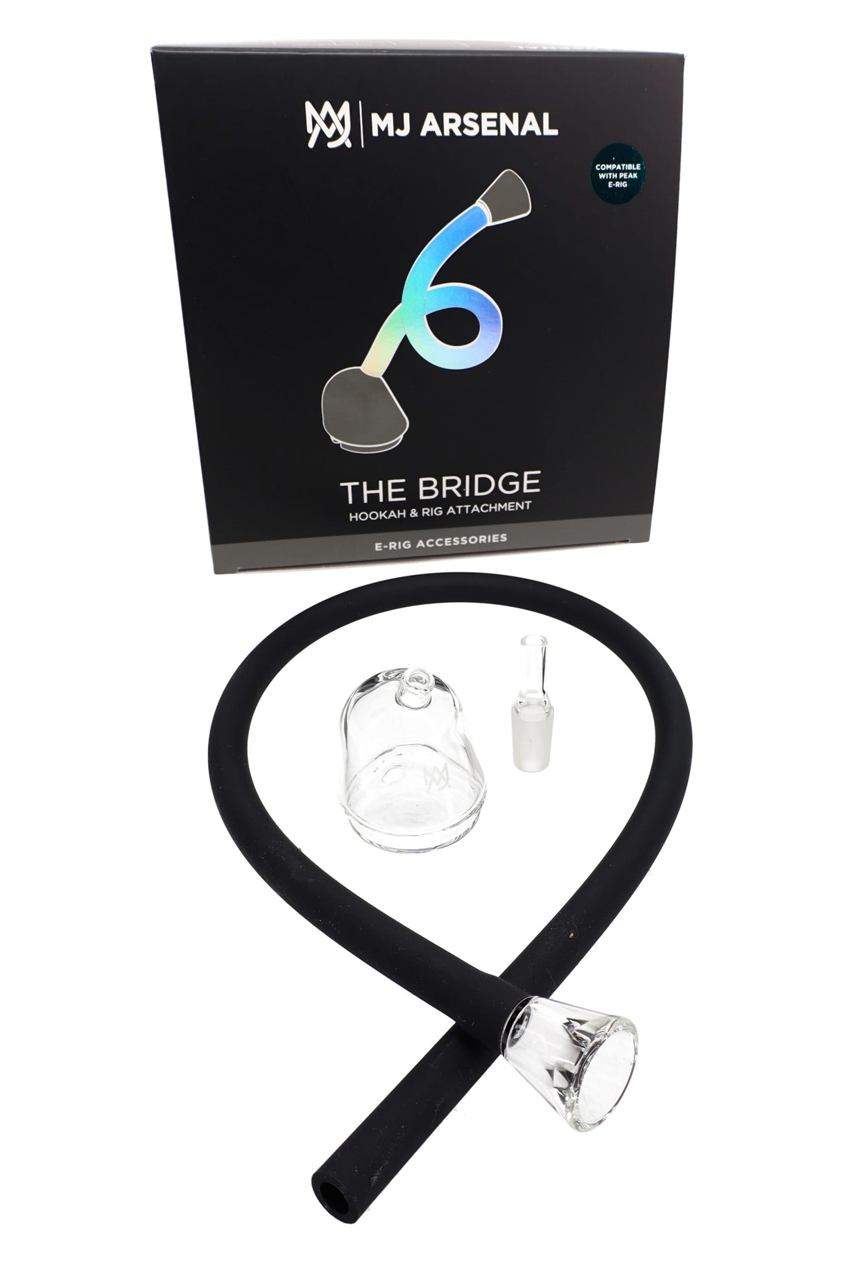 The Bridge hose attachment by MJ Arsenal shown with retail box, including silicone whip, glass tip, and Peak-compatible glass top.