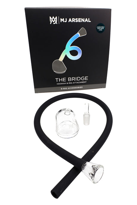 The Bridge hose attachment by MJ Arsenal shown with retail box, including silicone whip, glass tip, and Peak-compatible glass top.