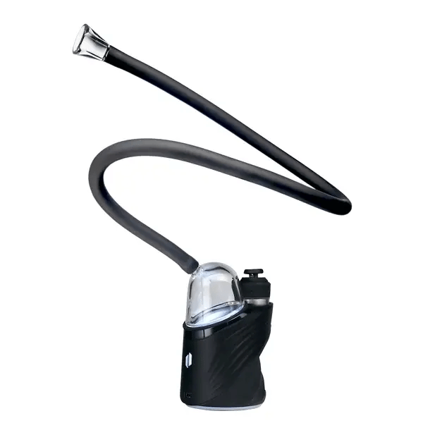 MJ Arsenal Bridge hose connected to Puffco Peak, extended silicone whip with tapered glass mouthpiece shown in use orientation.