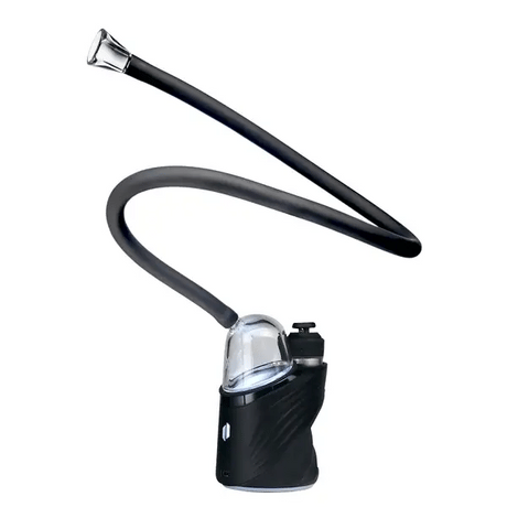 MJ Arsenal Bridge hose connected to Puffco Peak, extended silicone whip with tapered glass mouthpiece shown in use orientation.