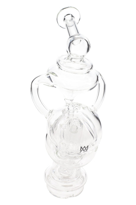 Clear MJ Arsenal Fabcycler glass top for Puffco Peak with angled mouthpiece and recycler chambers, shown upright on white background.