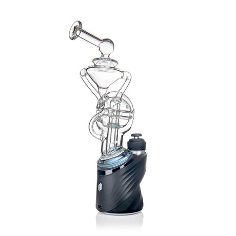 Fabcycler recycler glass attachment installed on a Puffco Peak base, full side profile showing angled mouthpiece and fab-egg chambers.