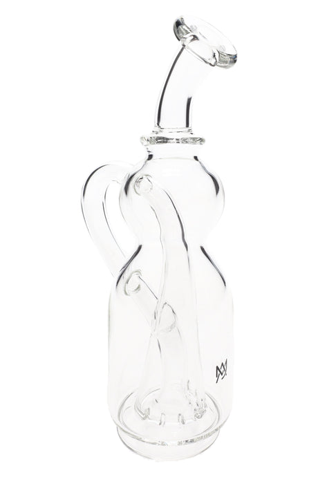Clear MJ Arsenal Lasso glass top with angled mouthpiece and side handle, showing internal looping pathway compatible with Puffco Peak.