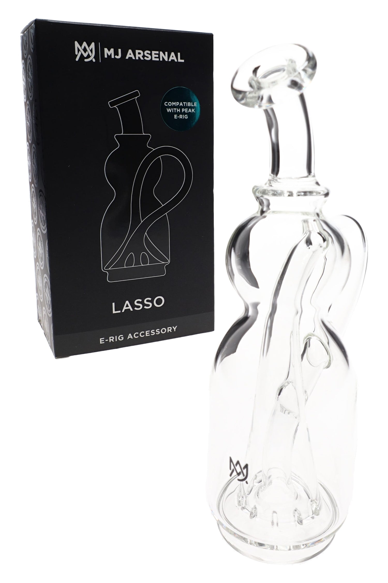 Lasso Puffco Peak replacement glass by MJ Arsenal beside retail box, scientific clear body with curved internal channel and handle.