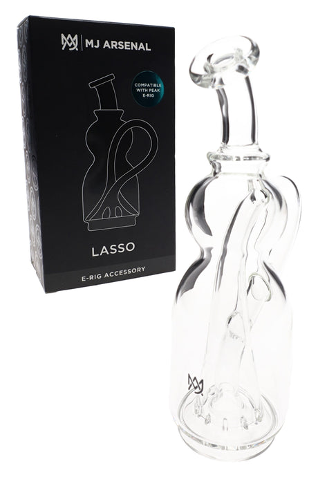 Lasso Puffco Peak replacement glass by MJ Arsenal beside retail box, scientific clear body with curved internal channel and handle.