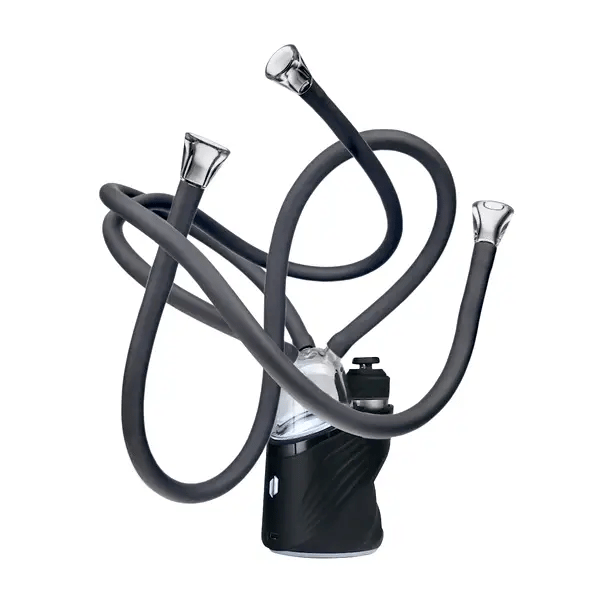 Puffco Peak base shown with Medusa installed and three extended silicone whips, illustrating multi-user hookah-style setup.
