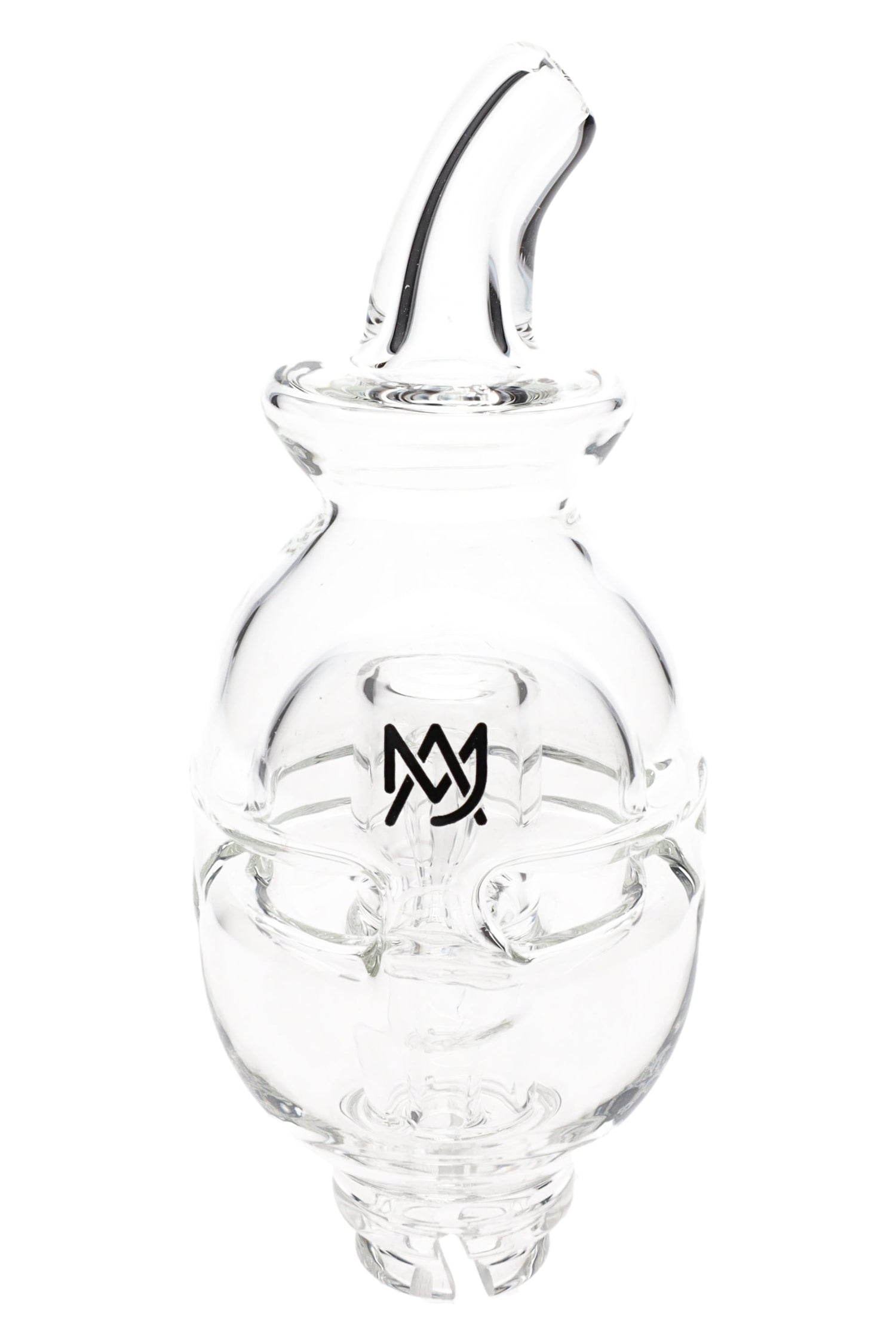 Clear MJ Arsenal Fab Egg Pivot glass top with angled mouthpiece and fab-egg recycler chambers, shown upright on white background for Puffco Pivot.