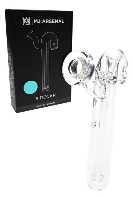 Sidecar Pivot attachment by MJ Arsenal beside retail box, transparent borosilicate body with offset mouthpiece for smoother concentrate pulls.