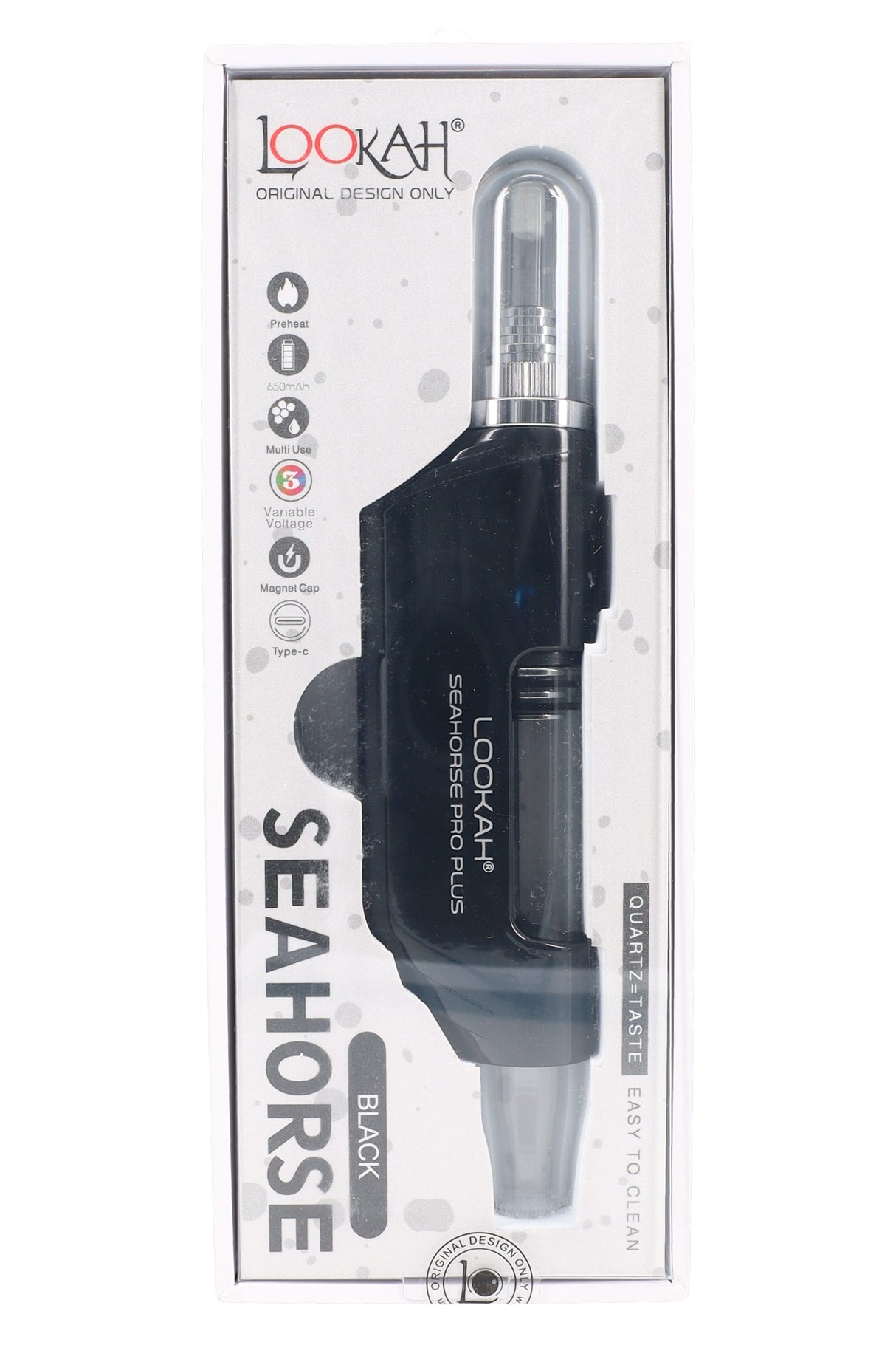 Lookah Seahorse Pro Plus electric dab pen in black, boxed with icons for preheat, 650mAh battery, and variable voltage.