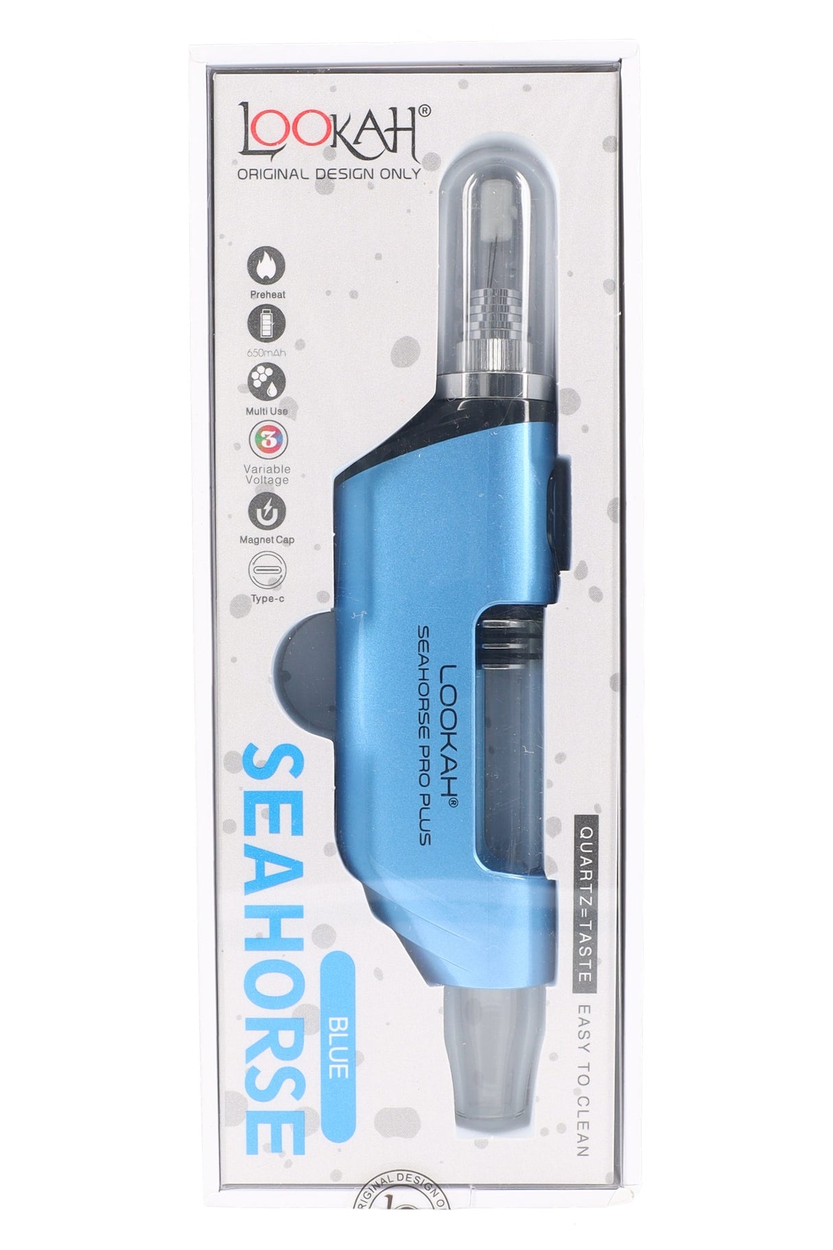 Blue Lookah Seahorse Pro Plus wax vaporizer boxed upright, with glass tube airway and color-matched Seahorse branding along the side.