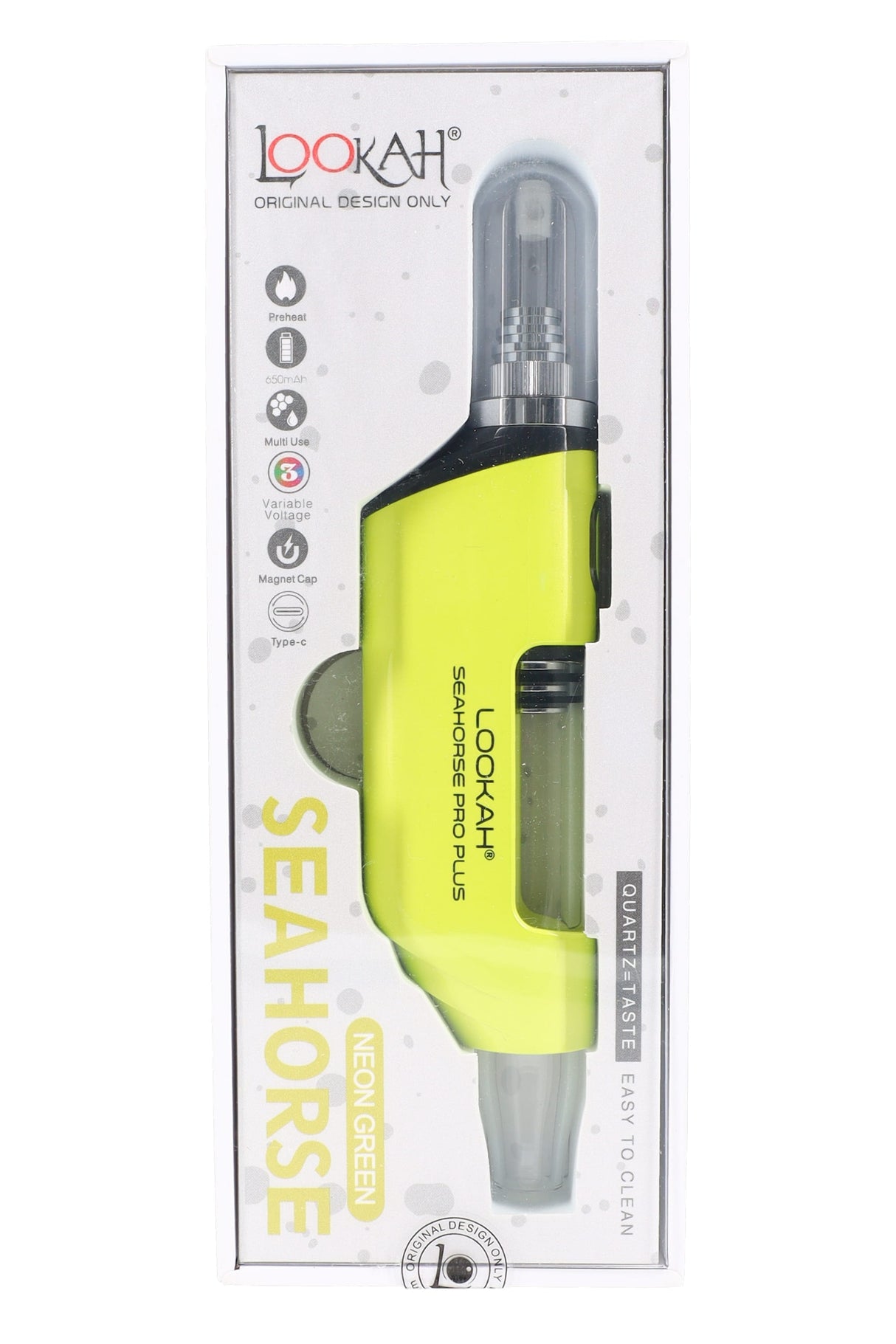 Neon green Lookah Seahorse Pro Plus electric dab pen boxed, highlighting bright body color, quartz-taste slogan, and easy-to-clean note.