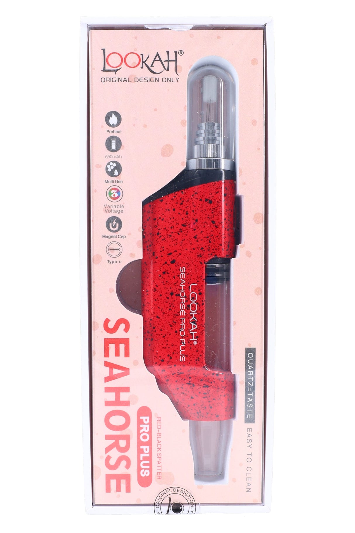 Lookah Splatter Seahorse Pro Plus dab pen in red and black splatter, boxed with side window showing glass mouthpiece.