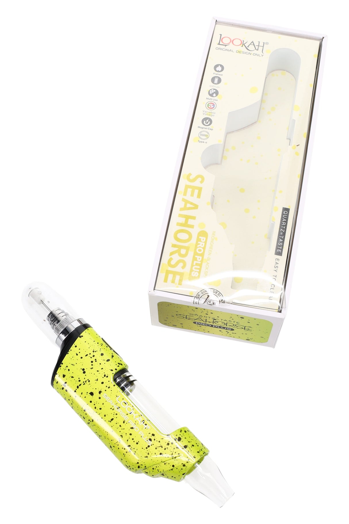 Neon green Splatter Seahorse Pro Plus dab pen outside its box, angled to show glass tube airway and quartz tip cover.