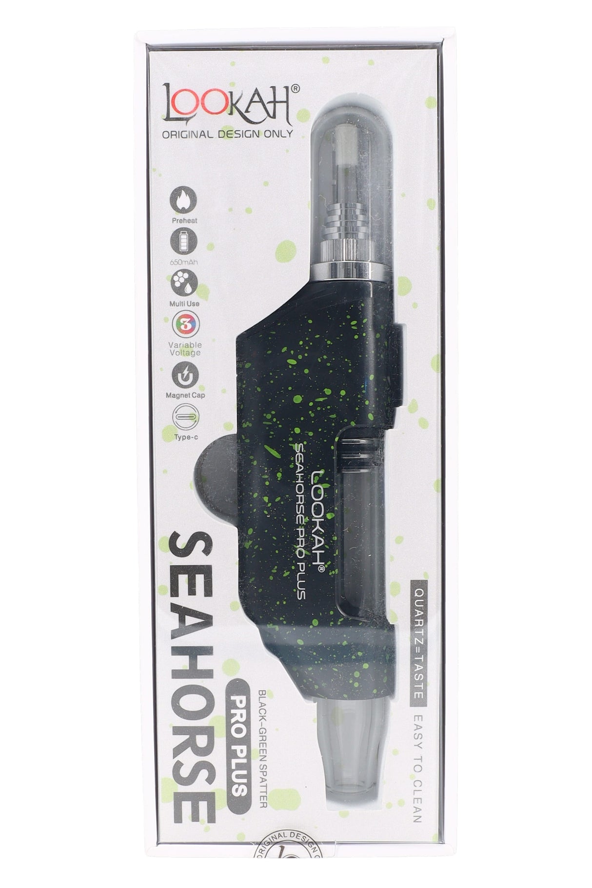 Black and green Splatter Seahorse Pro Plus dab pen boxed for retail, compact body with visible glass chamber and tip.