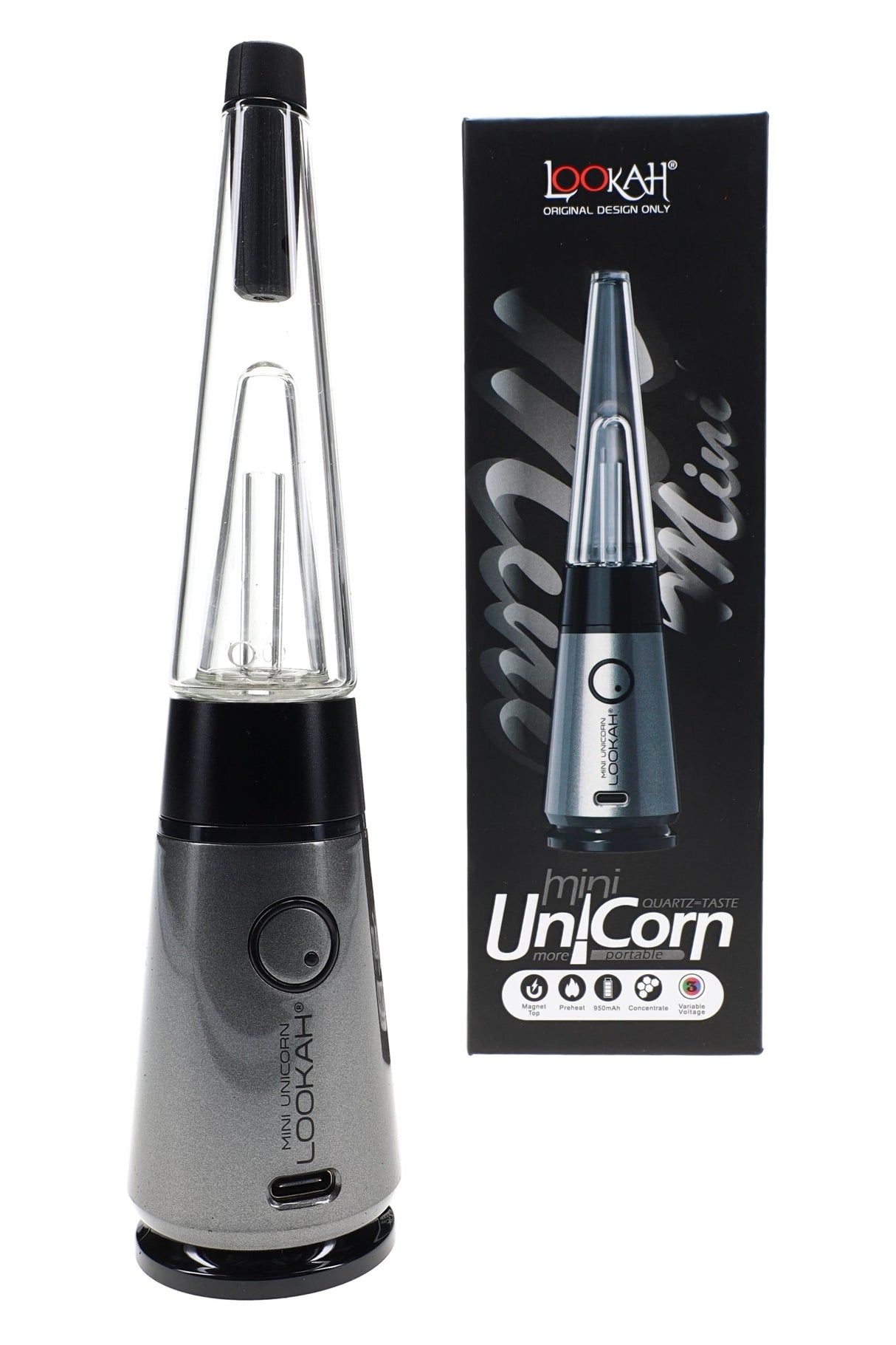 Gray Lookah Mini Unicorn electric dab rig beside retail box, clear glass top and side button visible on compact cone-shaped base.