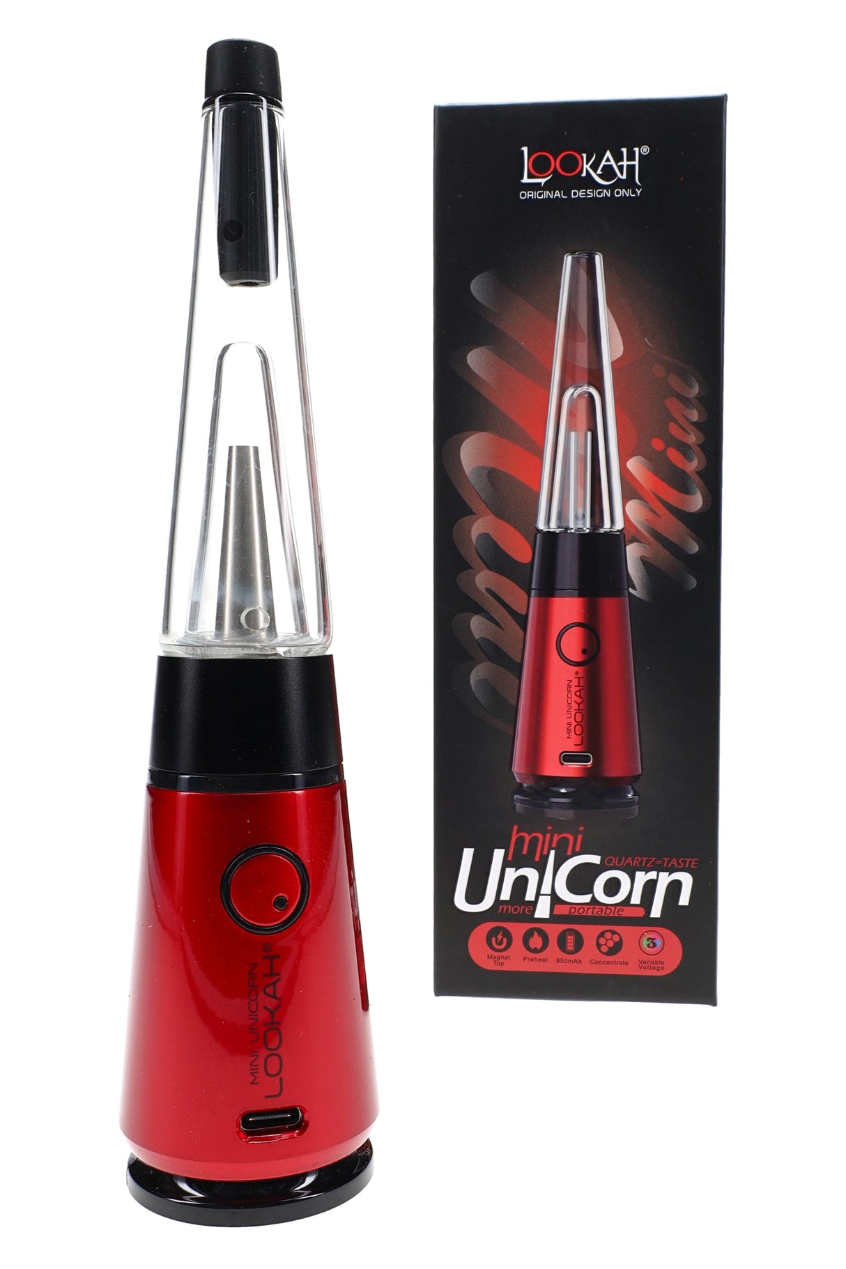 Red Lookah Mini Unicorn portable e-rig with clear glass cone and black accent top, posed by box with glowing red background graphics.