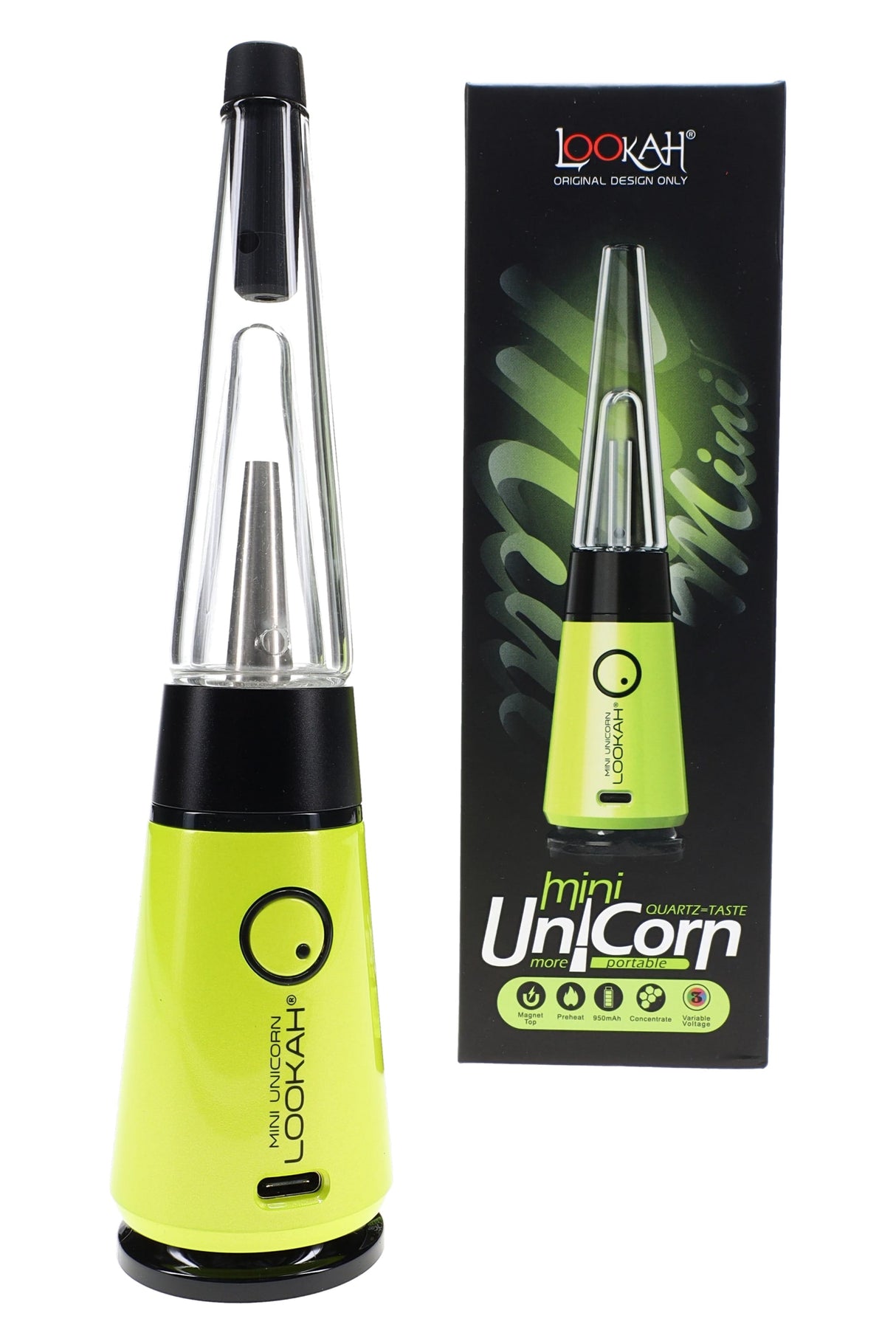 Neon green Lookah Mini Unicorn electric dab rig beside box, bright cone body, glass bubbler and circular power button clearly visible.