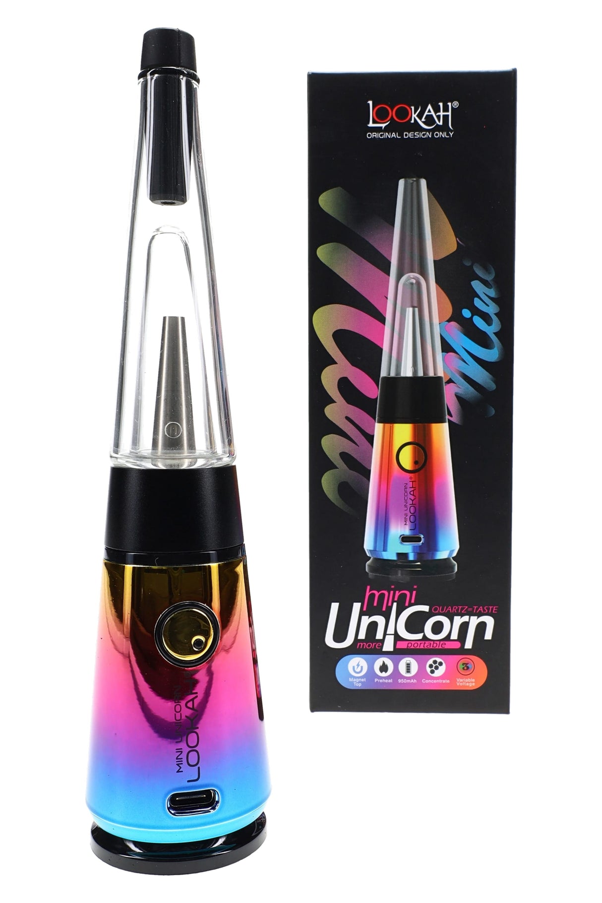 Rainbow-fade Lookah Mini Unicorn e-rig with metallic finish and tall glass cone, displayed with colorful box graphics in the background.