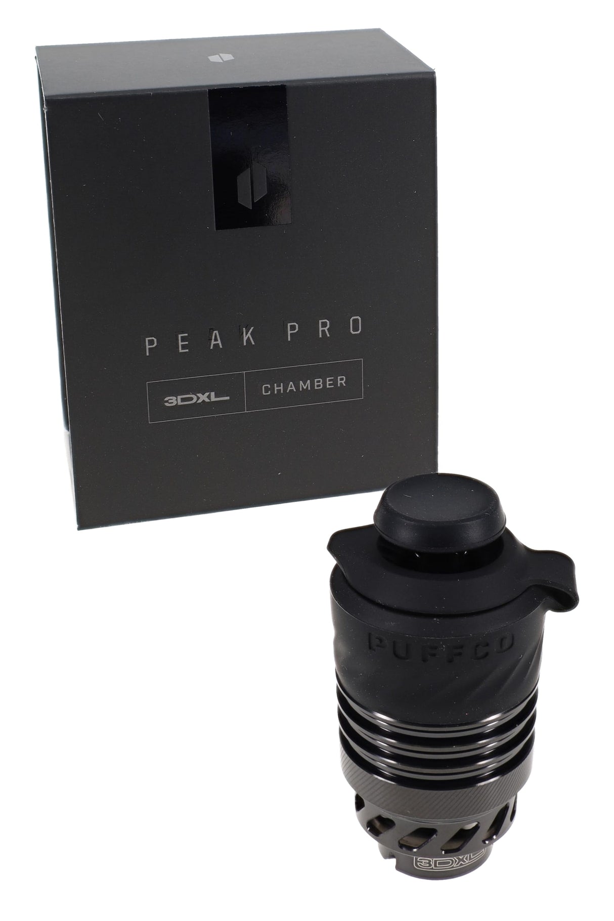 Puffco limited edition black Peak Pro 3D XL chamber shown in front of its Peak Pro 3DXL Chamber box on white background