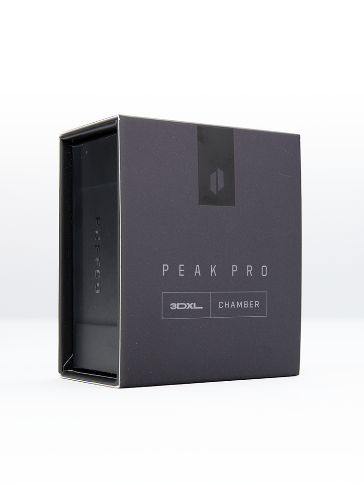 Puffco Peak Pro 3DXL Chamber retail box standing upright with minimalist logo and text on matte black packaging