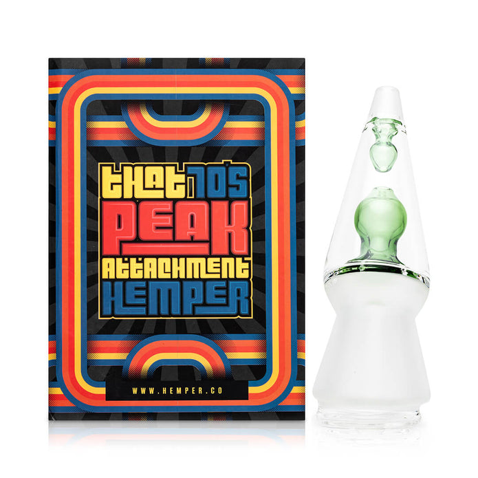Boxed That 70’s Puffco Peak attachment beside glass top on white background, gift-ready retro accessory presentation