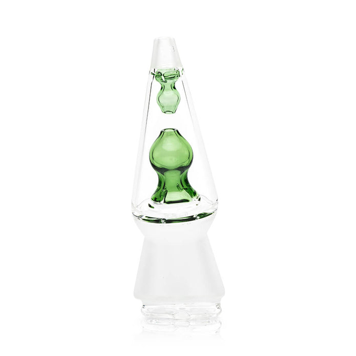 Side profile of That 70’s Peak glass top showing tall mouthpiece and lava-lamp silhouette, colored inner chamber visible