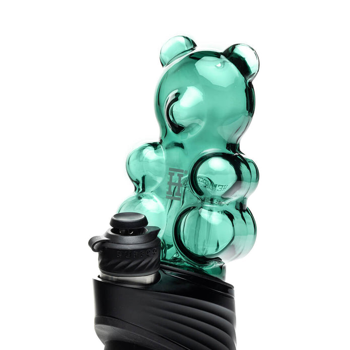 Hemper gummy bear Peak glass top shown installed on device, angled view emphasizing character topper and mouthpiece