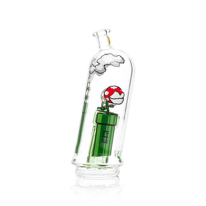 Side profile of Gaming Flower Puffco Peak glass top highlighting character head and tall mouthpiece for smooth draw