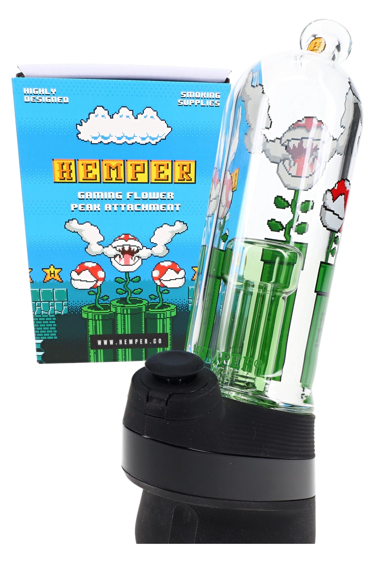Hemper “Gaming Flower” Peak attachment with blue box, pixel-art tube and green percolator inside