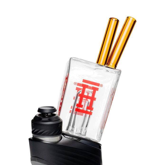 Hemper Chinese takeout Peak glass top installed on device, angled view emphasizing takeout theme and mouthpiece height