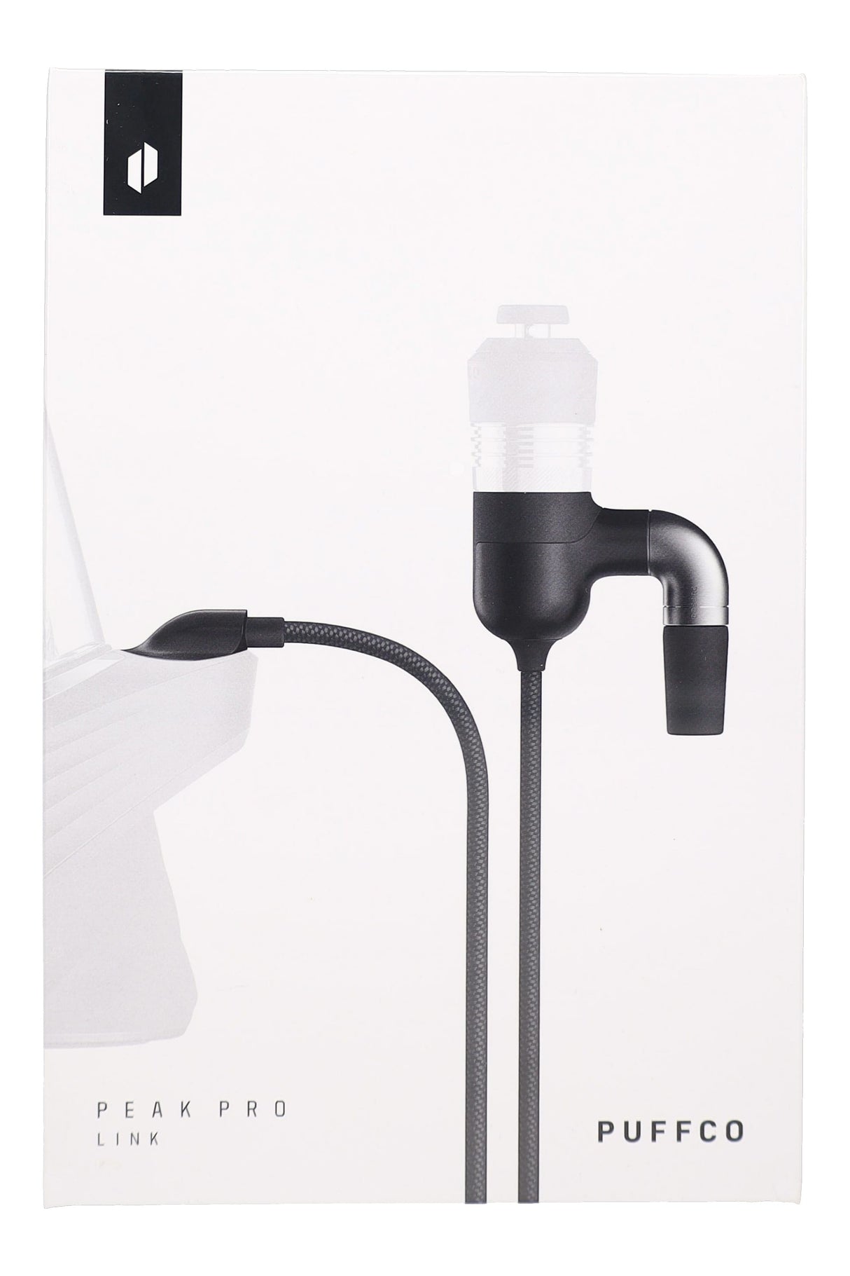 Puffco Peak Pro Link retail packaging close-up, front panel branding for concentrate accessory display