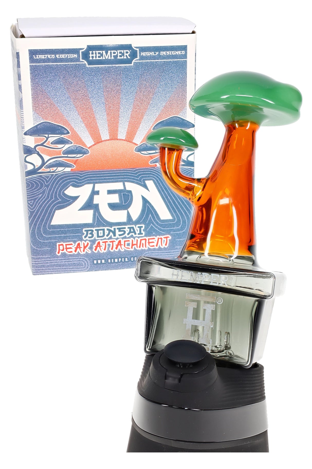 Hemper Zen Bonsai Puffco Peak top on device with boxed packaging, green canopy and amber stem over smoked base