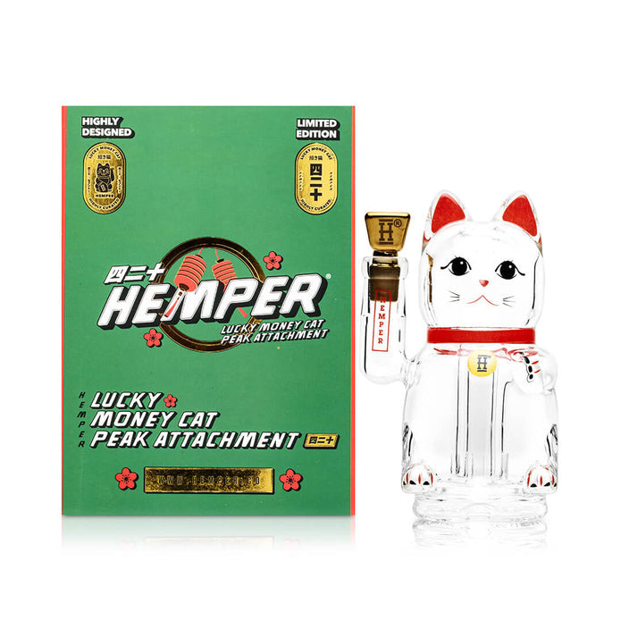 Green Hemper Lucky Money Cat Peak top box with clear cat attachment, shelf-ready packaging for gifting and storage