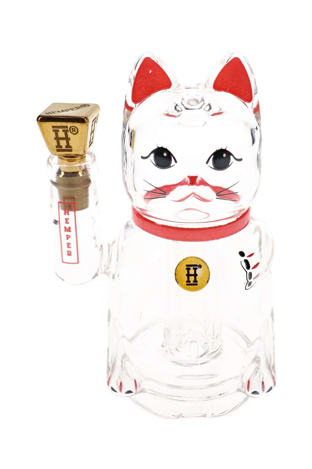 Hemper Lucky Money Cat Peak attachment beside green retail box, clear cat silhouette with gold brick mouthpiece