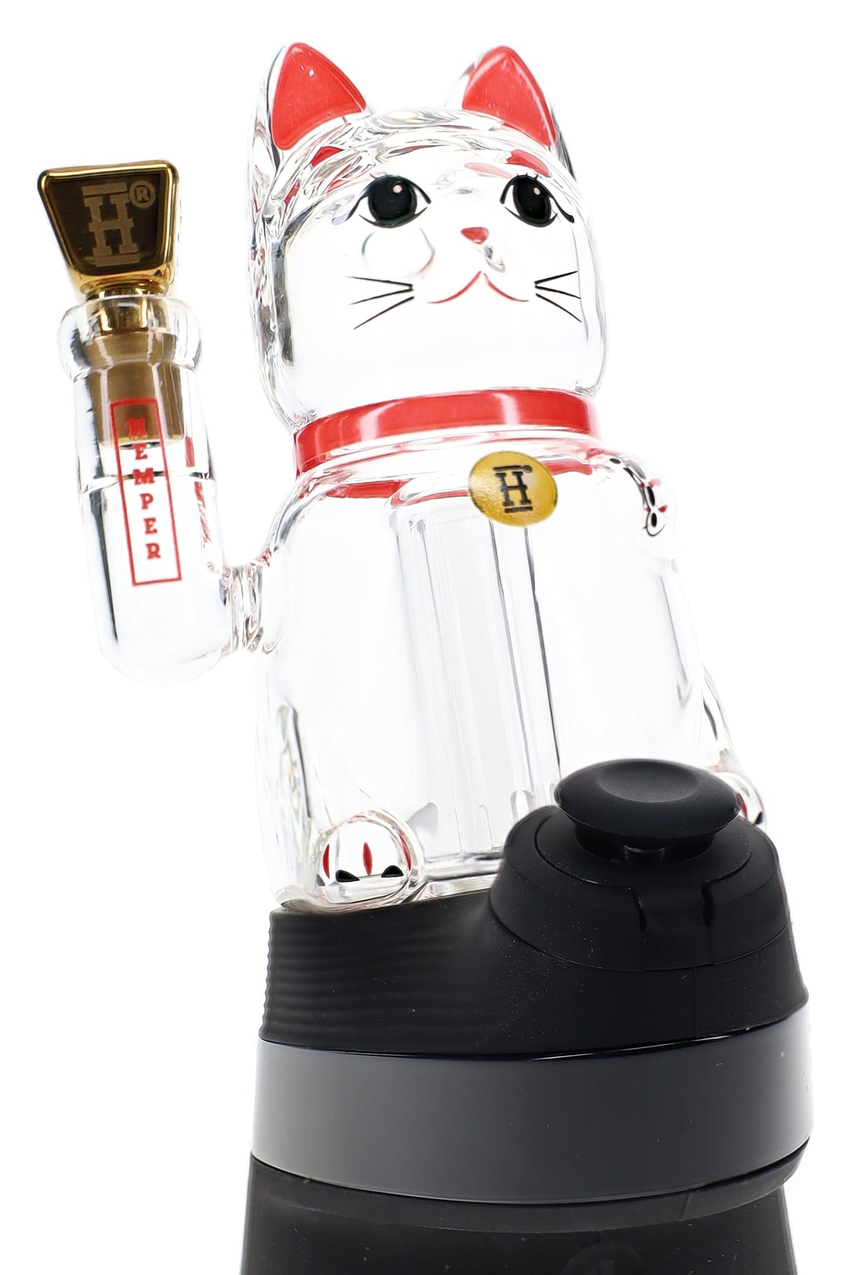 Close-up Lucky Money Cat Peak top on device base, clear glass cat with red accents and gold mouthpiece detail