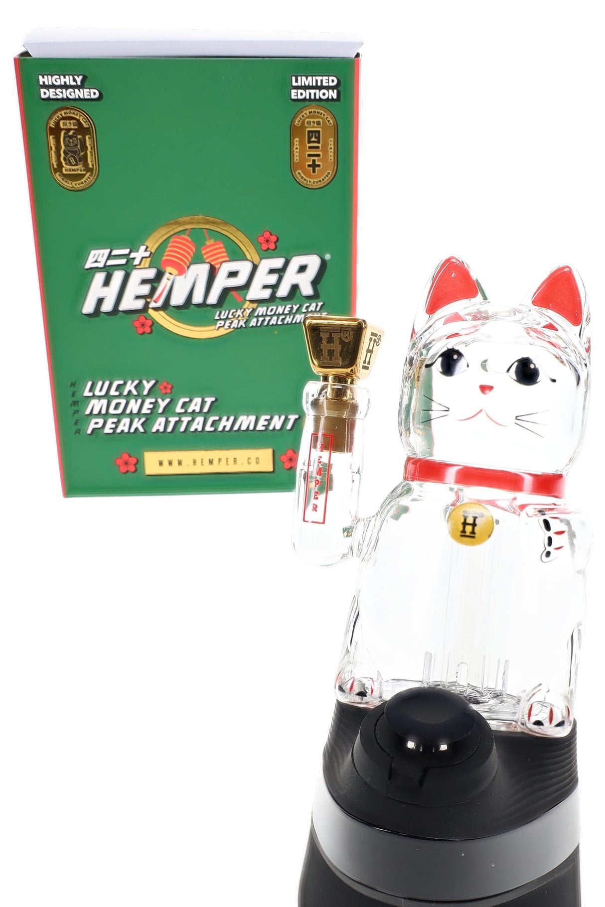 Hemper Lucky Money Cat Puffco Peak top with green box, clear cat body and gold brick mouthpiece display shot