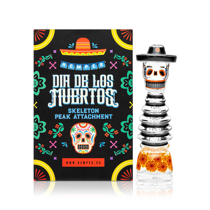 Hemper Día de los Muertos Peak top with box artwork visible, themed glass attachment for Peak and Peak Pro