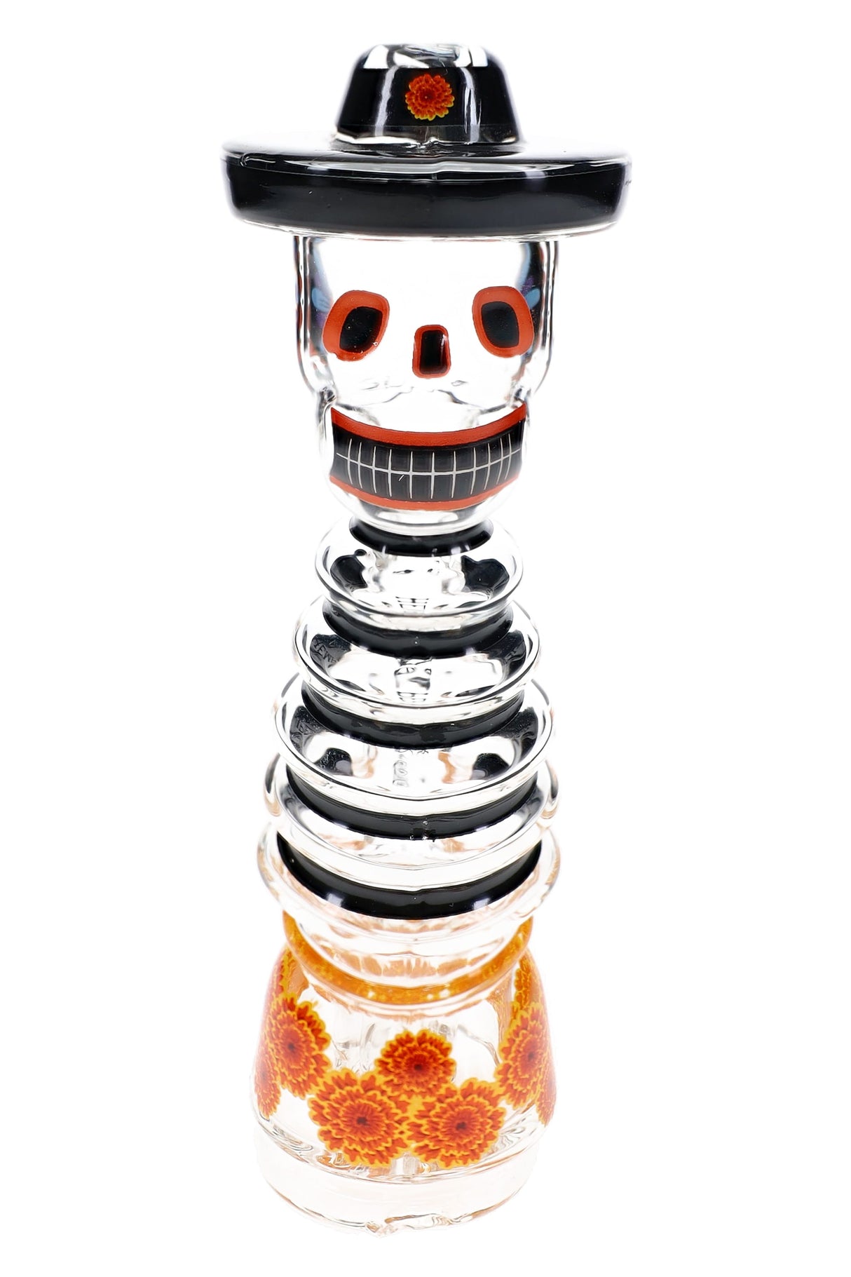 Front view skeleton Puffco Peak top with orange eye accents, sombrero-style brim, and floral side detailing