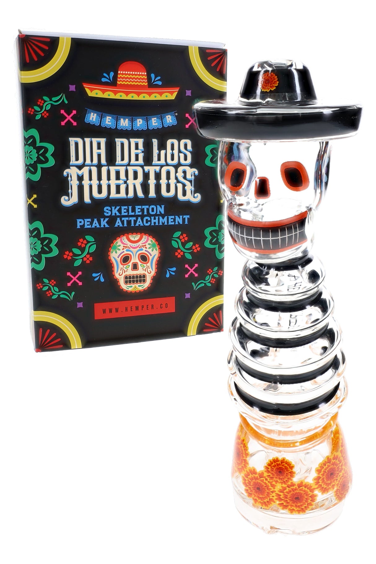 Boxed Hemper Día de los Muertos Peak top beside skeleton attachment, shelf-ready packaging for gifting and storage