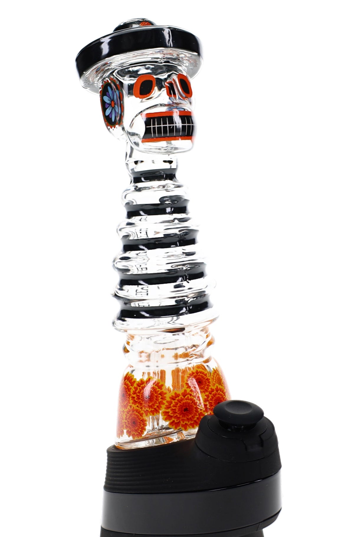 Skeleton head Peak attachment on device base with black brim hat, orange eye accents, and patterned lower chamber