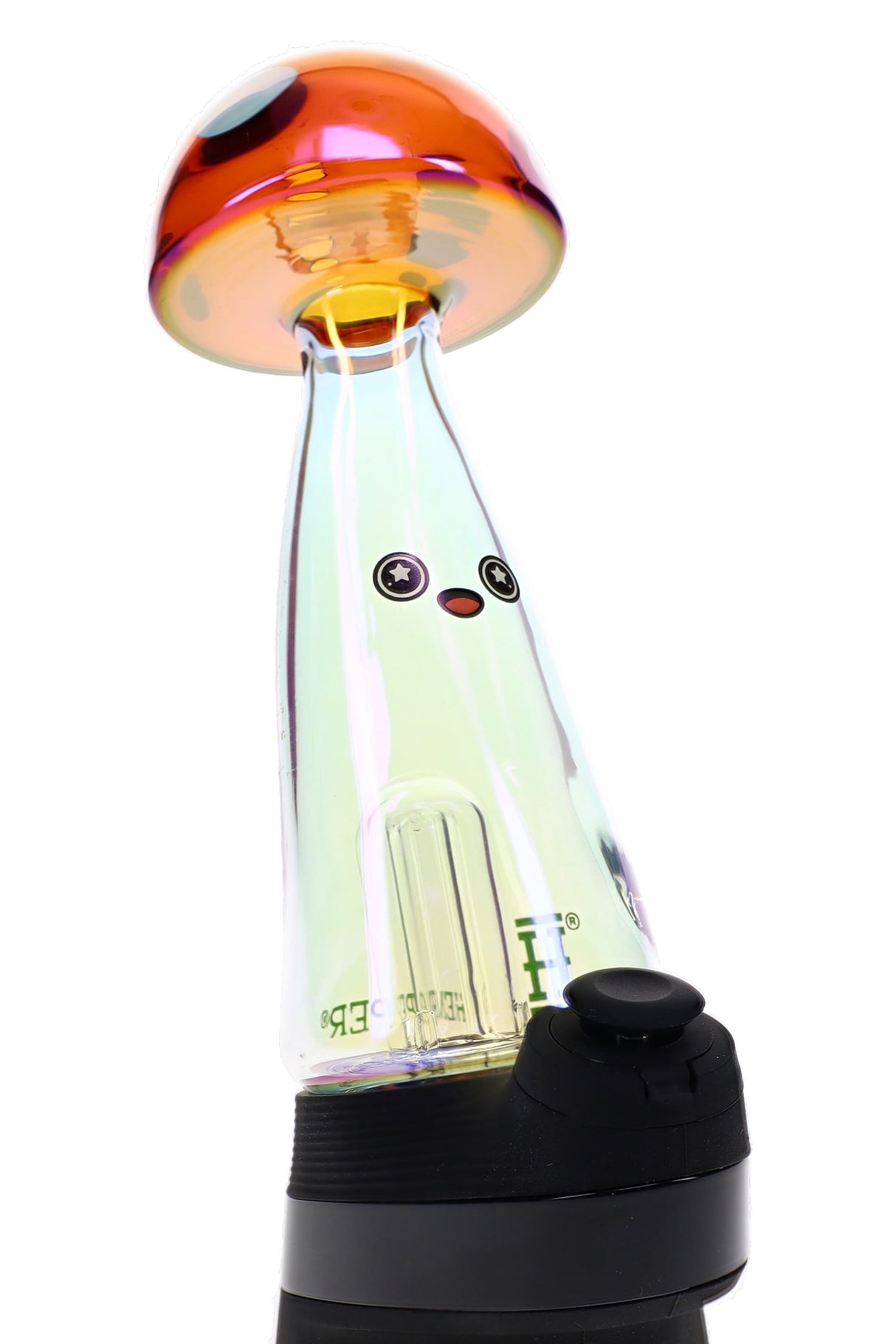 Trippy Shroom Peak attachment on device base showing iridescent clear body, face decal, and amber mushroom cap