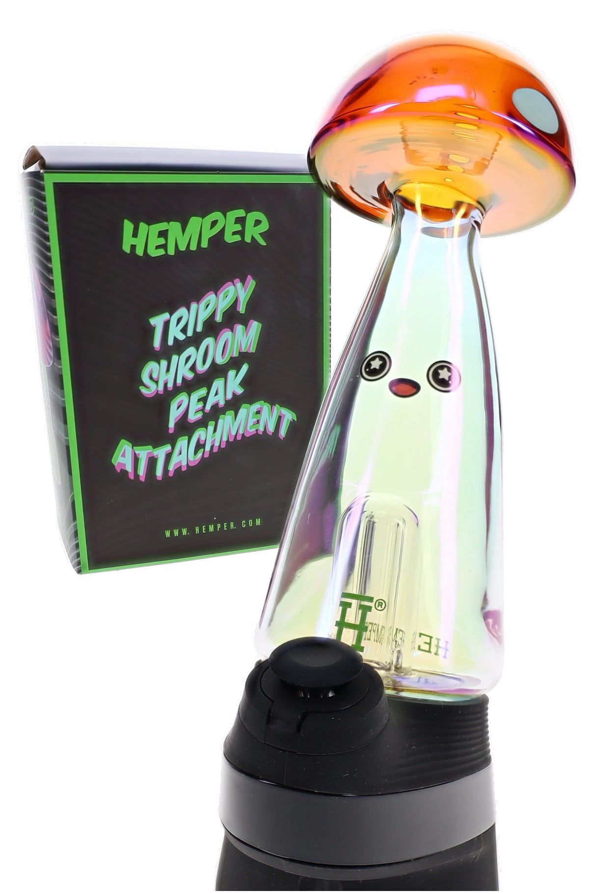 Hemper Trippy Shroom Puffco Peak top with box on device base, iridescent body, amber cap with white spots