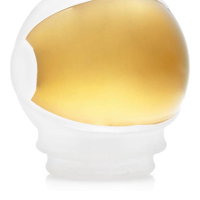 Close-up of gold visor on Space Fleet Peak top, sharp electroplated shine against frosted glass helmet edges