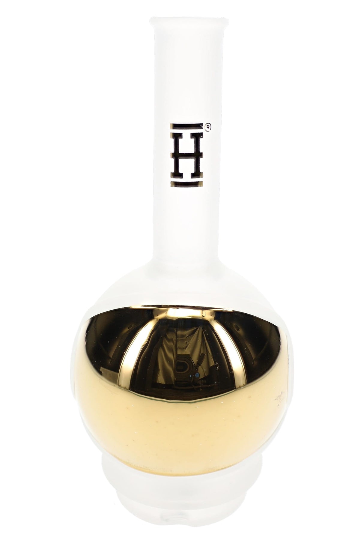 Front view Space Fleet Puffco Peak top with black “H” decal on frosted neck and reflective gold visor faceplate