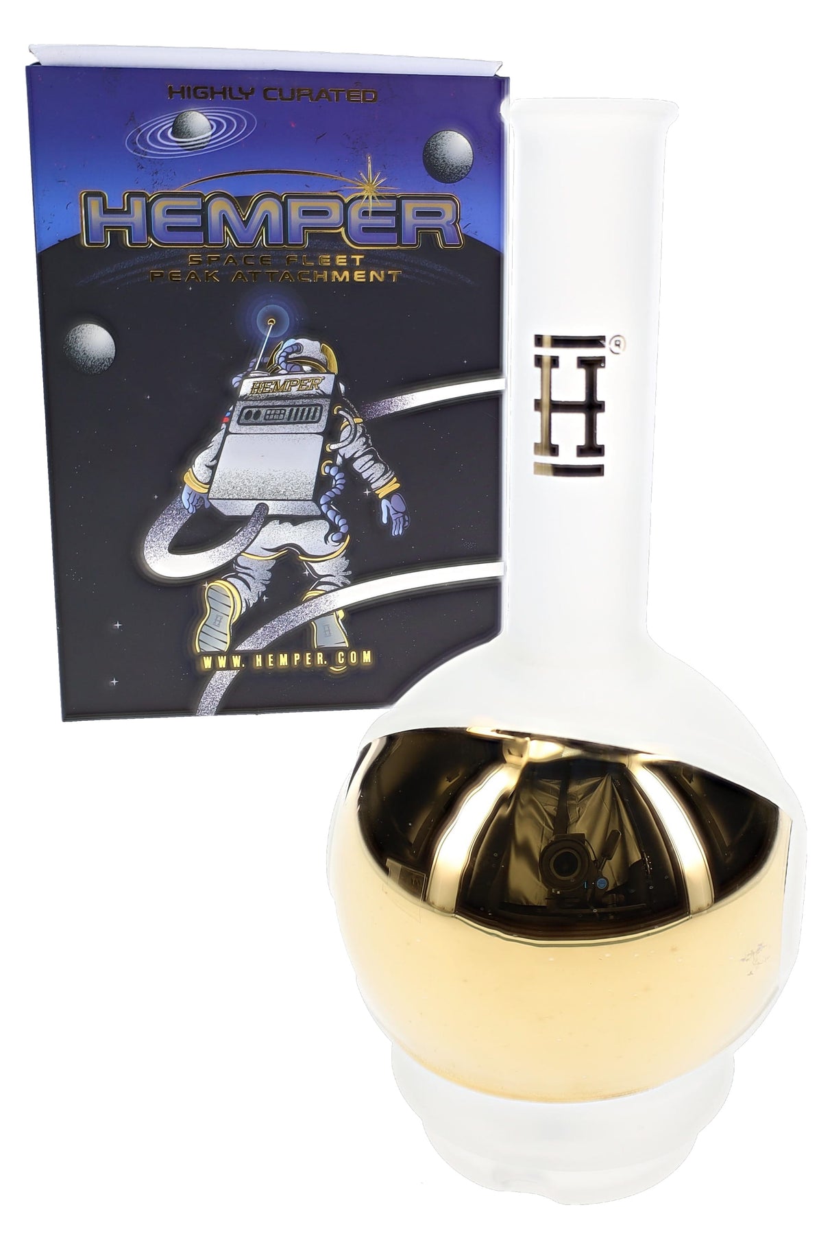 Hemper Space Fleet Peak attachment beside branded box, frosted astronaut helmet top with shiny gold visor accent