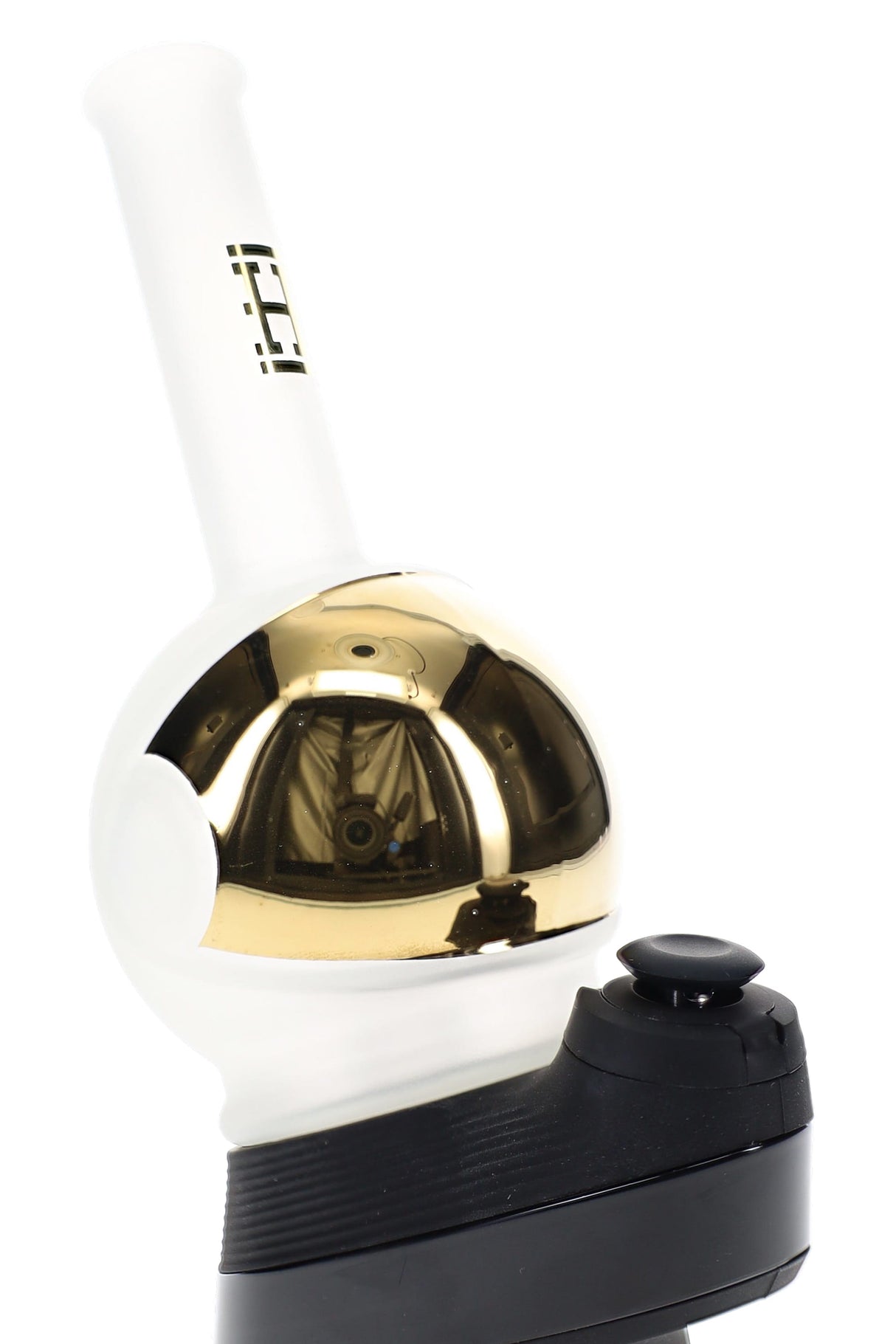 Angled view Space Fleet Peak top on device showing frosted glass helmet shape and electroplated gold visor panel