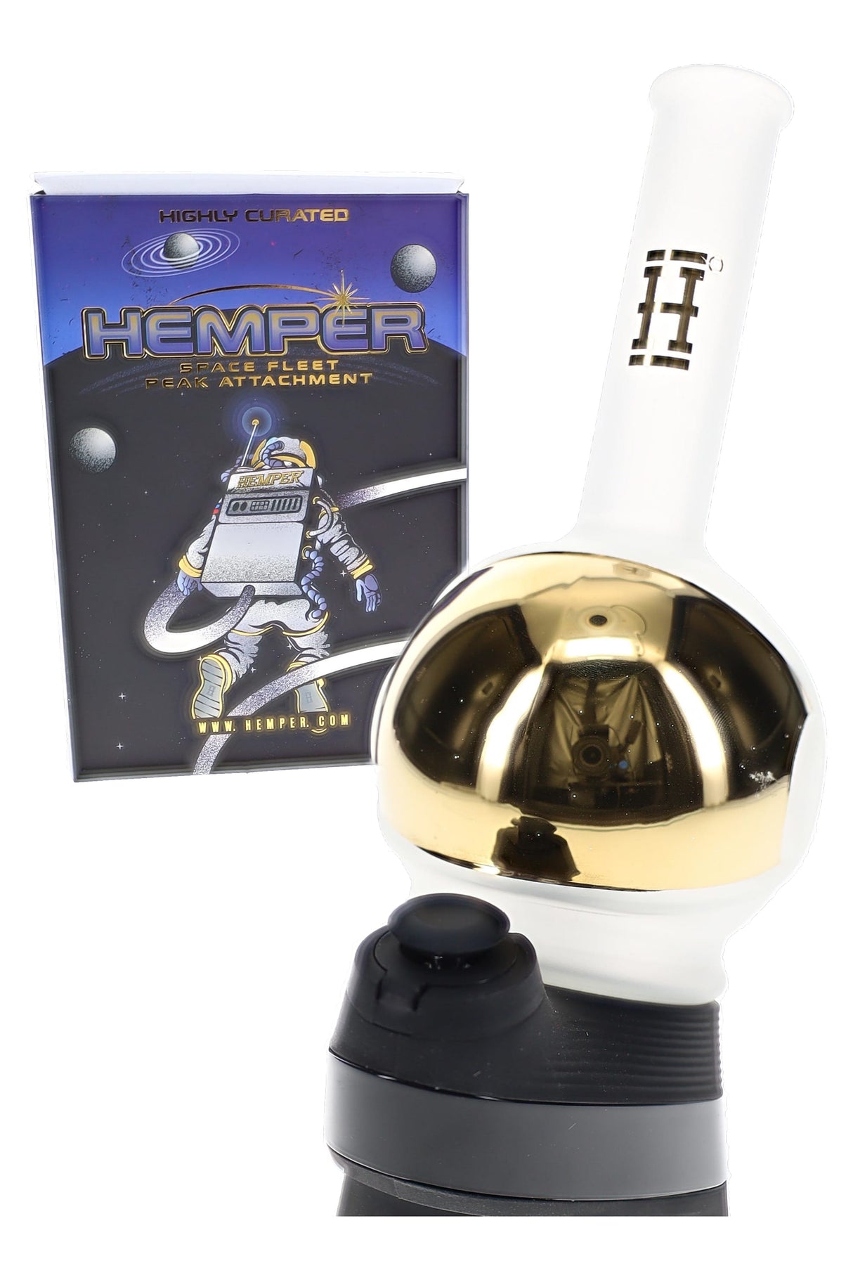 Hemper Space Fleet Puffco Peak top with box on device, frosted astronaut helmet glass with gold visor detail
