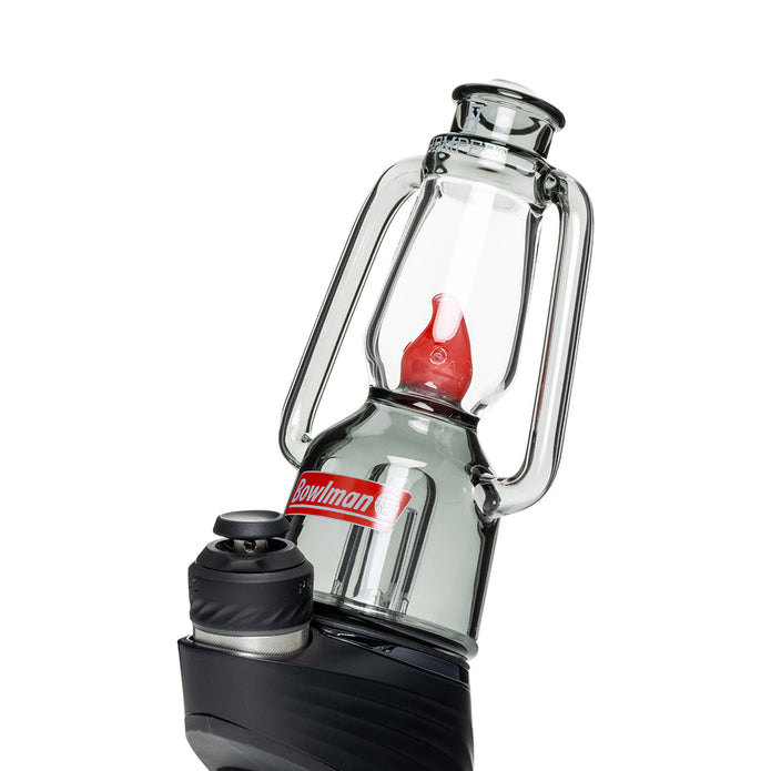 Side view lantern Puffco Peak top installed on device, smoke glass base and red flame splash guard for splash control
