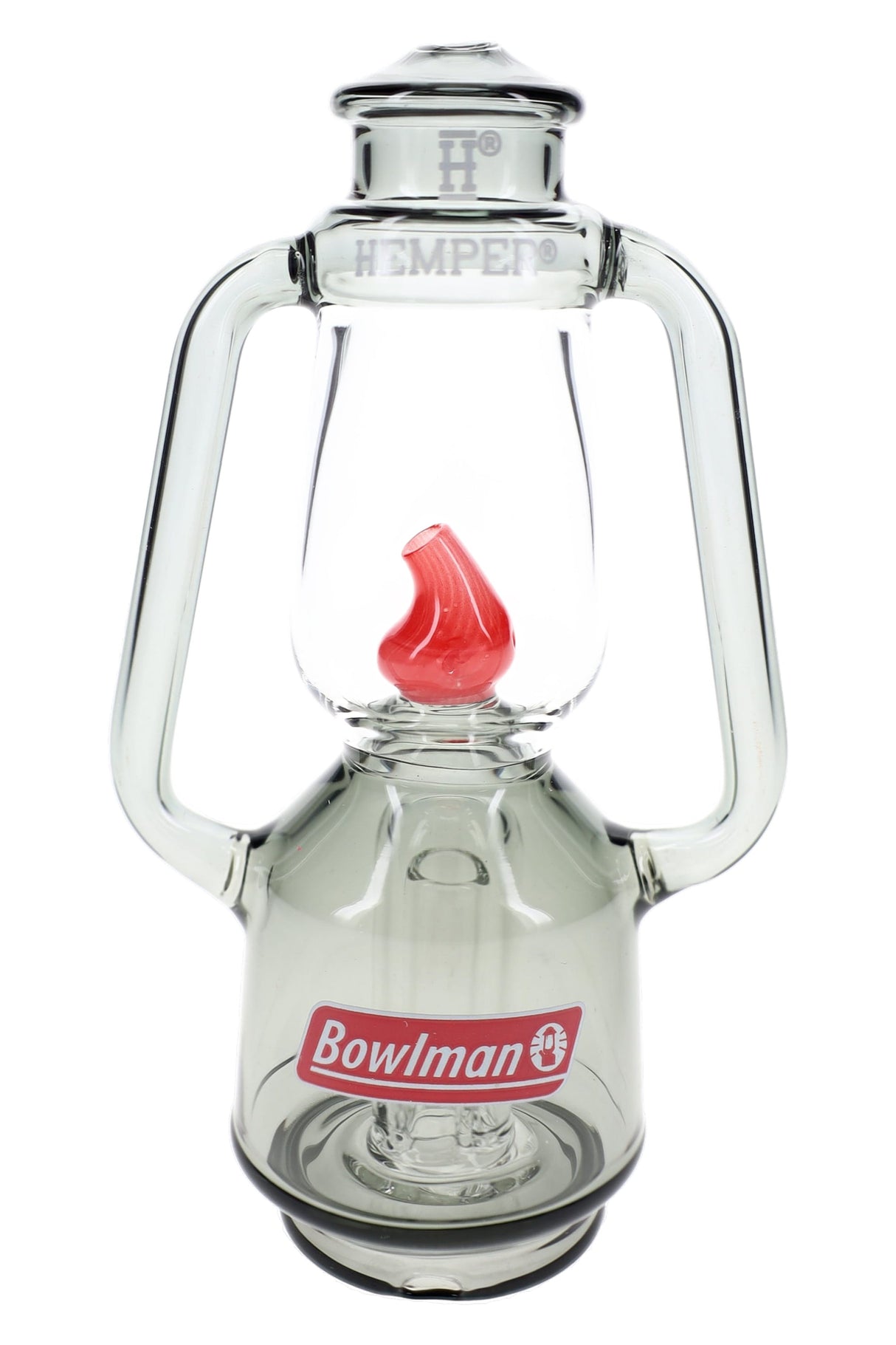 Front view lantern Peak top with Bowlman decal and “H” logo on smoke glass, red flame guard above clear chamber